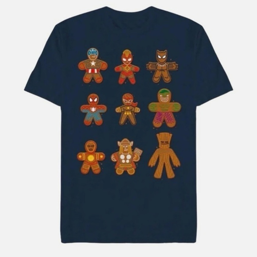 NWT. MARVEL Men’s Navy Graphic T-Shirt with Gingerbread Characters